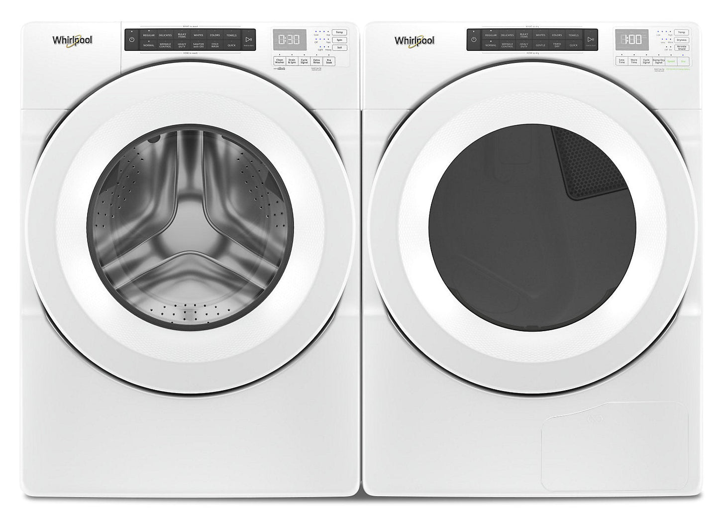 Whirlpool 5.0 Cu. Ft. Front-Load Washer and 7.4 Cu. Ft. Electric Front-Load Dryer - White|Laveuse chargement frontal 5,0 pi³, sécheuse électrique chargement frontal 7,4 pi³ Whirlpool - blanches|WHFL560H