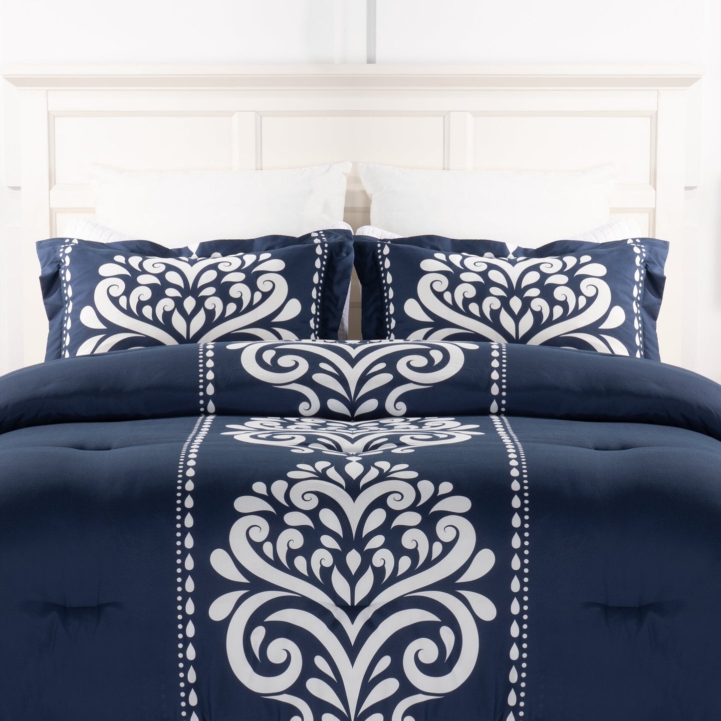 Navy Damask 3-Piece Full/Queen Comforter Set|Ensemble d'édredon Navy Damask 3 pièces pour lit double ou grand lit|NVYDM3FQ