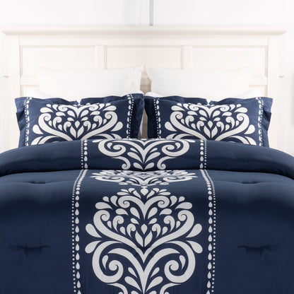 Navy Damask 3-Piece Full/Queen Comforter Set|Ensemble d'édredon Navy Damask 3 pièces pour lit double ou grand lit|NVYDM3FQ