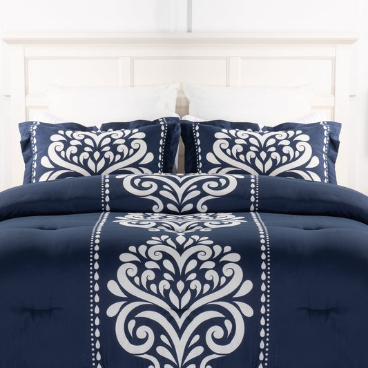 Navy Damask 3-Piece Full/Queen Comforter Set|Ensemble d'édredon Navy Damask 3 pièces pour lit double ou grand lit|NVYDM3FQ