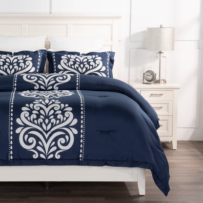 Navy Damask 3-Piece Full/Queen Comforter Set|Ensemble d'édredon Navy Damask 3 pièces pour lit double ou grand lit|NVYDM3FQ