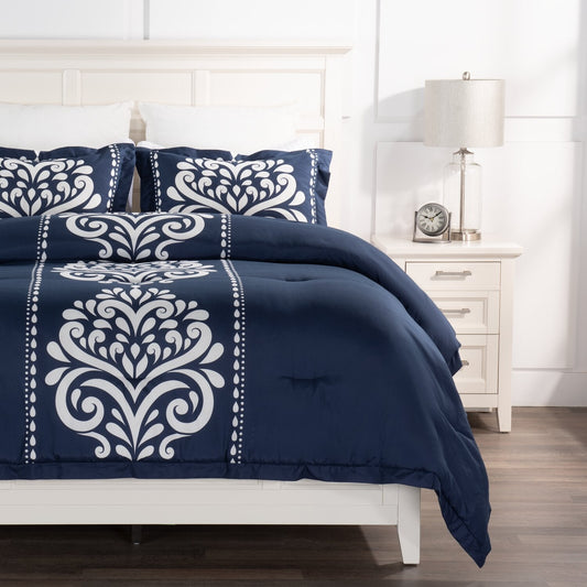 Navy Damask 3-Piece Full/Queen Comforter Set|Ensemble d'édredon Navy Damask 3 pièces pour lit double ou grand lit|NVYDM3FQ